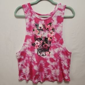 Pink Tie Dye Floral Skull Calavera Open Back Muscle Tee